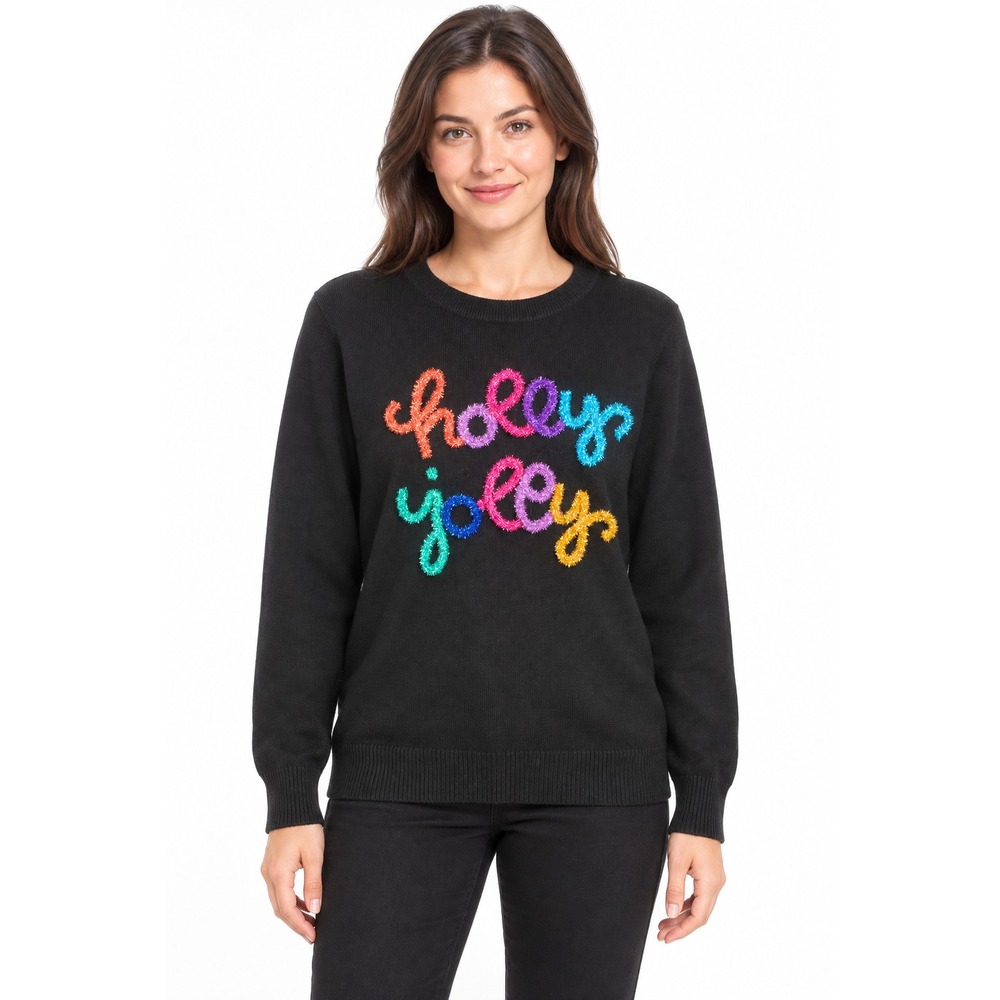 Staccato Womens XL Holly Jolly Christmas Sweater Black Knit Long Sleeve Pullover